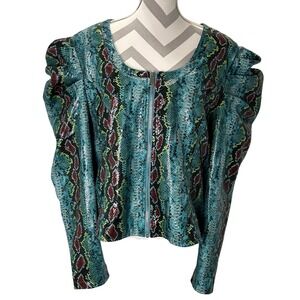 AZALEA WANG Teal Blue Faux Leather Snake Print Puffed Sleeve Crop Jacket 2X
